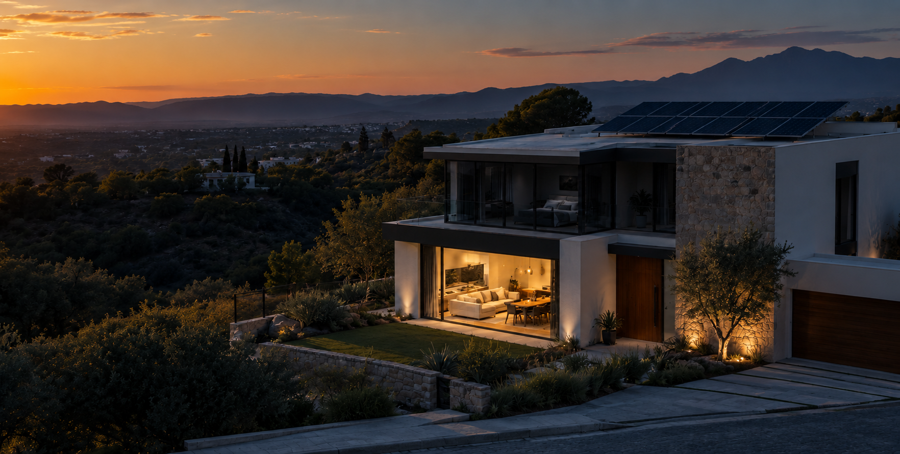La misma casa al atardecer con la habitación iluminada gracias a Aura