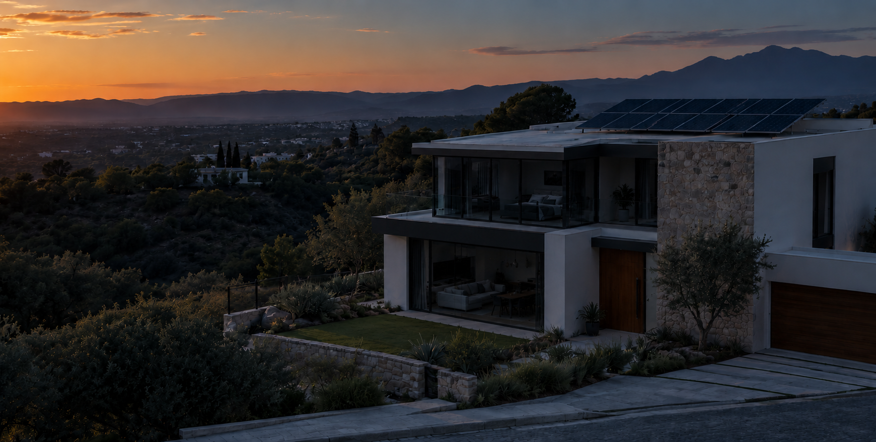 Casa y paisaje al atardecer durante un apagón, sin luz en la habitación
