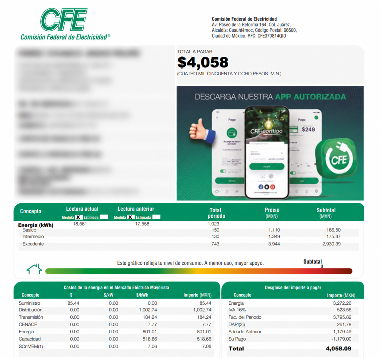Recibo anterior con total a pagar de $4,058; datos personales difuminados