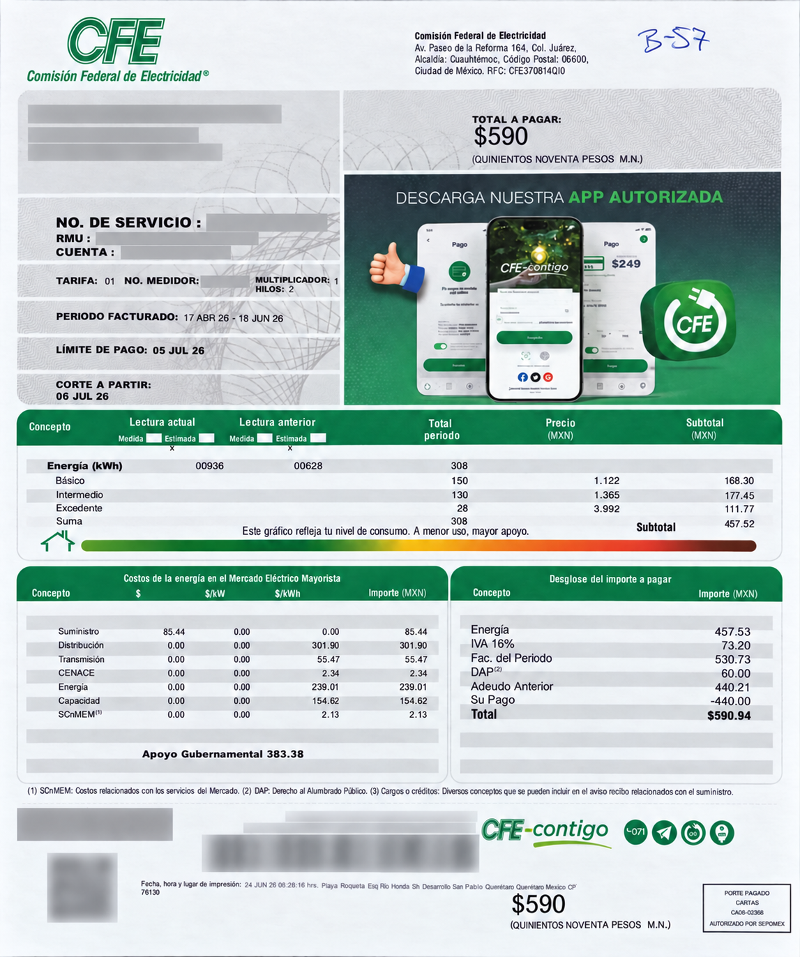Recibo antes con total a pagar de $590 y datos personales protegidos