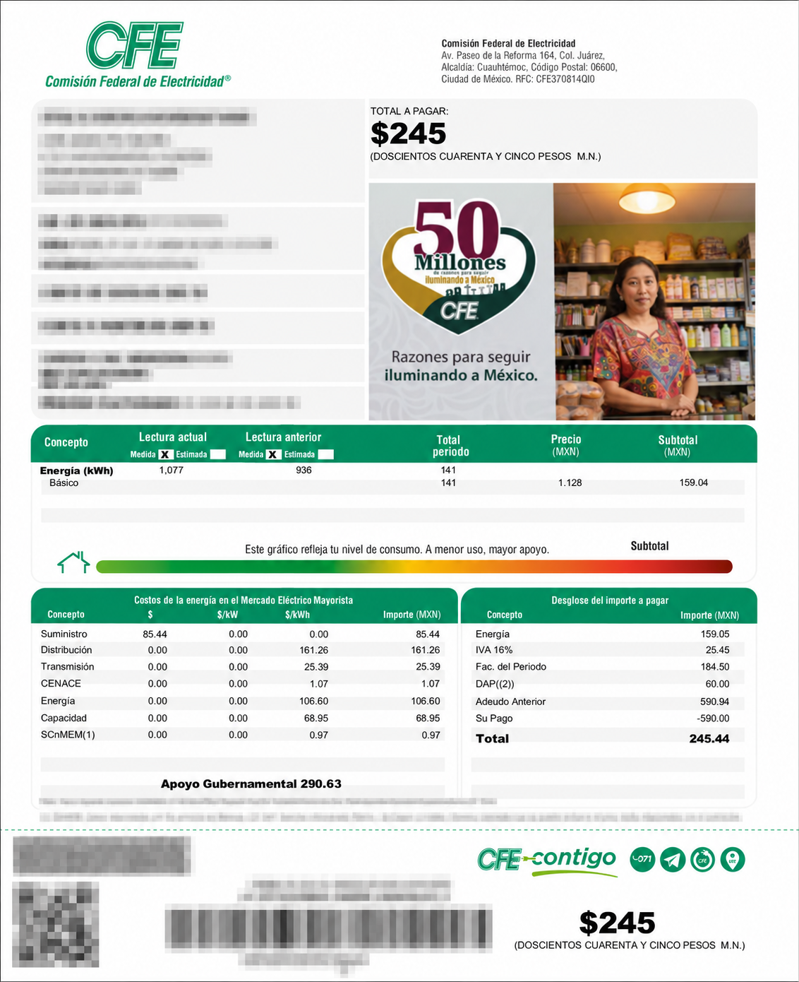 Recibo después con total de $245 y datos personales difuminados