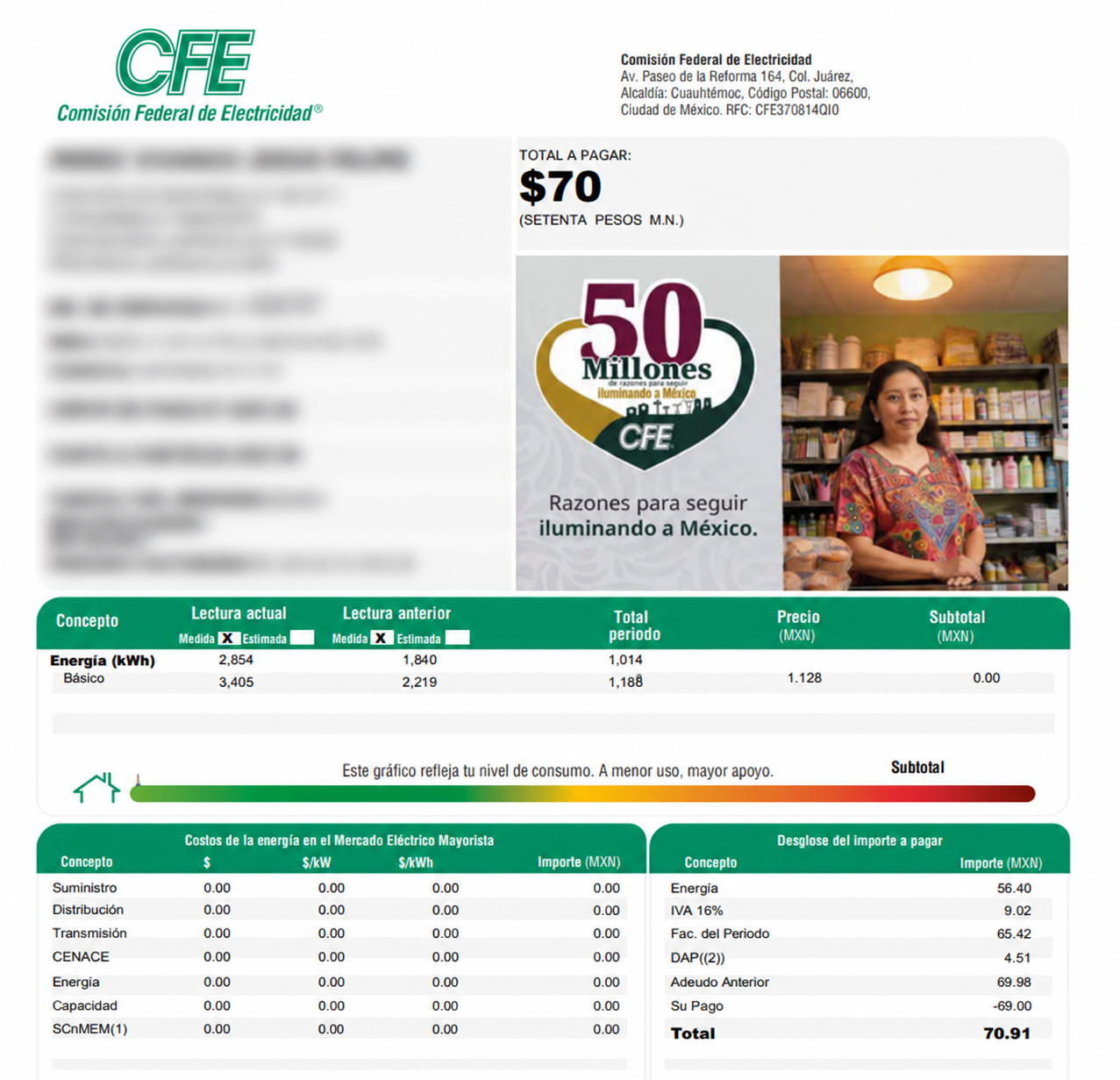 Recibo posterior con total a pagar de $70; datos personales difuminados
