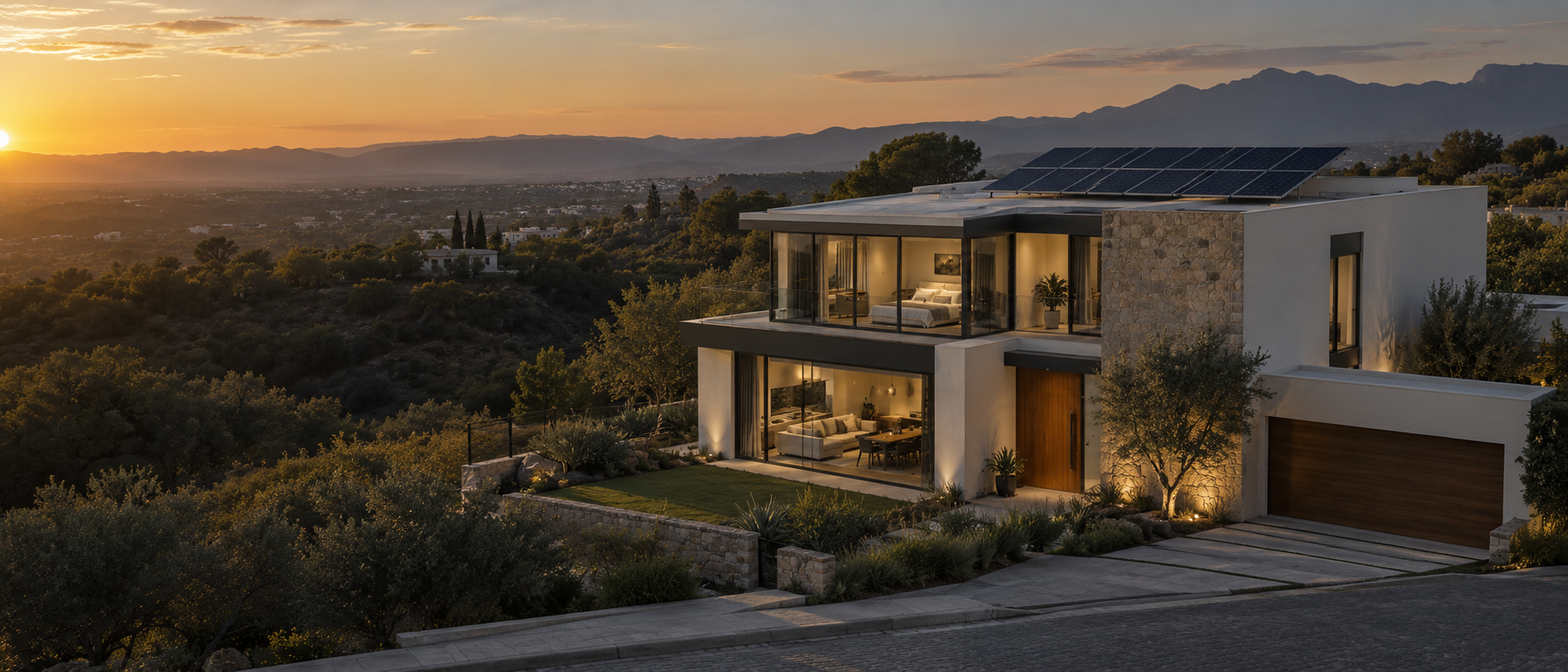 Casa ilustrativa con paneles solares al atardecer